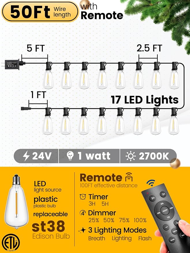 50FT Outdoor String Lights with Remote & Dimmer, Waterproof Patio Lights Commercial Grade ST38 LED - Shatterproof Edison Bulbs, Vintage Hanging Lighting for Backyard Garden Party
