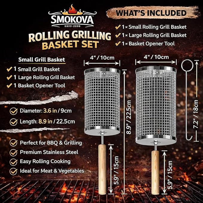Rolling Grill Basket for Veggies (2 PCS) | 304 Stainless Steel Grill Baskets for Outdoor Grill with Removable Wooden Handle | BBQ Baskets for Grilling | Vegetable Grill Basket