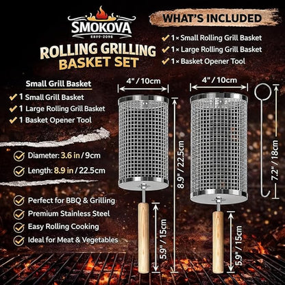 Rolling Grill Basket for Veggies (2 PCS) | 304 Stainless Steel Grill Baskets for Outdoor Grill with Removable Wooden Handle | BBQ Baskets for Grilling | Vegetable Grill Basket