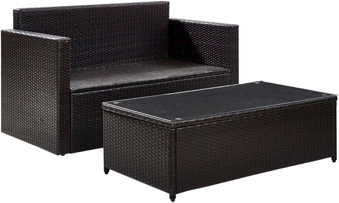 Crosley Furniture Palm Harbor 2-Piece Wicker Outdoor Coffee Table and Loveseat Patio Furniture Set for Porch, Brown with Sand Cushions