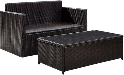 Crosley Furniture Palm Harbor 2-Piece Wicker Outdoor Coffee Table and Loveseat Patio Furniture Set for Porch, Brown with Sand Cushions
