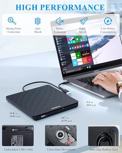 ORIGBELIE External CD DVD Drive for Laptop, USB 3.0 Type-C 13mm DVD Player | Ultra Slim Portable CD DVD +/-RW Drive CD Burner Reader Writer Recorder for Desktop PC Windows 11/10/8/7 Linux Mac OS (Black)
