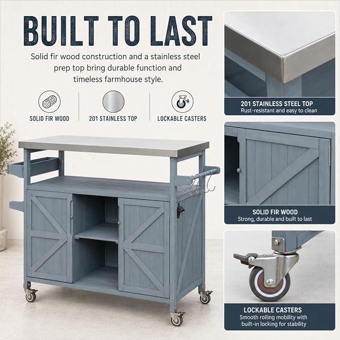 Outdoor Kitchen Island, 50.25" Rolling Grill Table with Storage Cabinet, 201 Stainless Steel Top Outdoor Bar Cart, Solid Fir Wood BBQ Prep Station with Adjustable Shelves, Spice Rack (Grey Blue)
