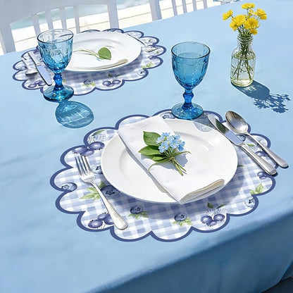 100 Pcs Blueberry Paper Placemats Blue Fruit Place Mats 13.5 Inch Disposable Round Decorative Dining Table Mats with Scalloped Edges for Spring Summer Birthday Bridal Wedding Party Supplies