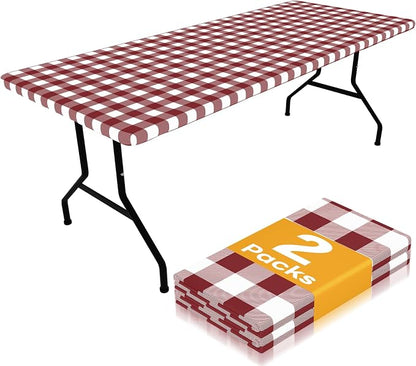 Smiry Picnic Table Cloth 2 Pack, Waterproof Elastic Fitted Tablecloths for 6FT Rectangle Tables, Washable Polyester Buffalo Plaid Tablecloth for Camping & Outdoor (Burgundy & White, 30" x 72")