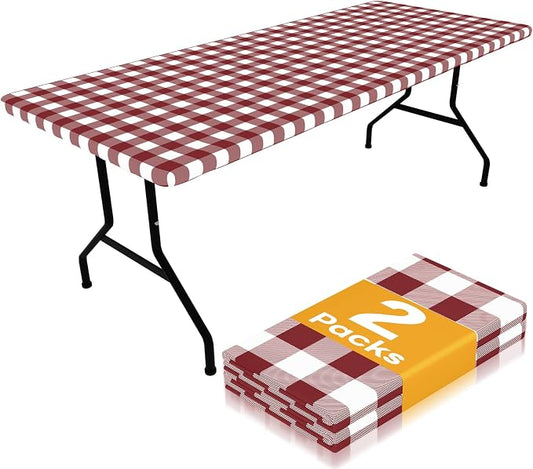 Smiry Picnic Table Cloth 2 Pack, Waterproof Elastic Fitted Tablecloths for 8FT Rectangle Tables, Washable Polyester Buffalo Plaid Tablecloth for Camping & Outdoor (Burgundy & White, 30" x 96")