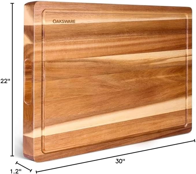 OAKSWARE 30 x 22 Inch Extra Large Acacia Wooden Cutting Board for Kitchen | Deep Juice Grooves, Side Handles & Pre-Oiled Surface, Perfect Countertop Expansion for Prep, Carving & Charcuterie Serving