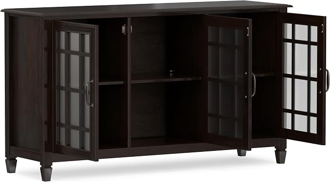 SIMPLIHOME Connaught 60" Solid Wood Buffet in Chestnut Brown | Traditional sideboard buffet with glass doors and adjustable shelves for organized dining or living room storage.