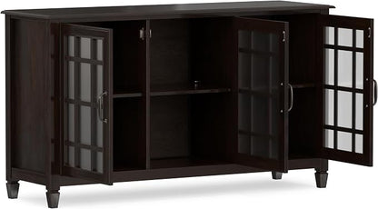 SIMPLIHOME Connaught 60" Solid Wood Buffet in Chestnut Brown | Traditional sideboard buffet with glass doors and adjustable shelves for organized dining or living room storage.