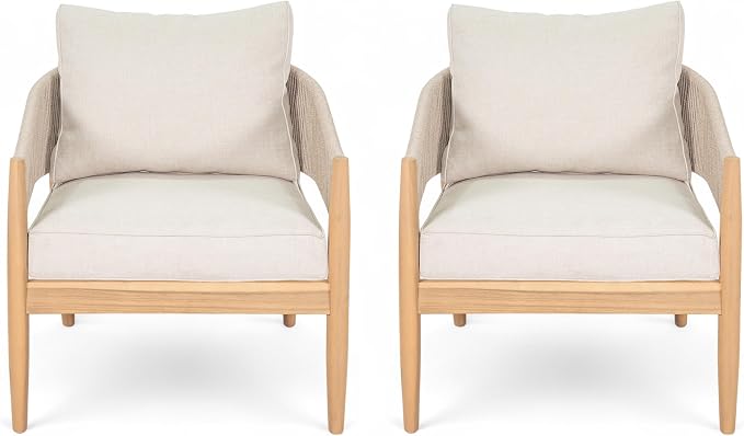 Christopher Knight Home Naomi Set of 2 Patio Acacia Wood Club Chair with Cushion, Handwoven Rope Lounge Chair Outdoor for Porch/Backyard, Stylish Garden Seating with Curved Backrest, Beige+Light Brown