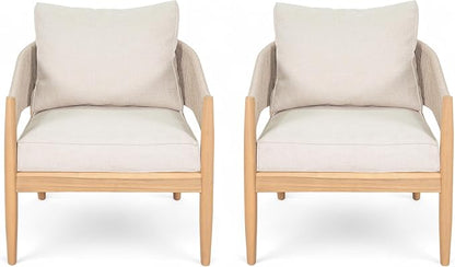 Christopher Knight Home Naomi Set of 2 Patio Acacia Wood Club Chair with Cushion, Handwoven Rope Lounge Chair Outdoor for Porch/Backyard, Stylish Garden Seating with Curved Backrest, Beige+Light Brown