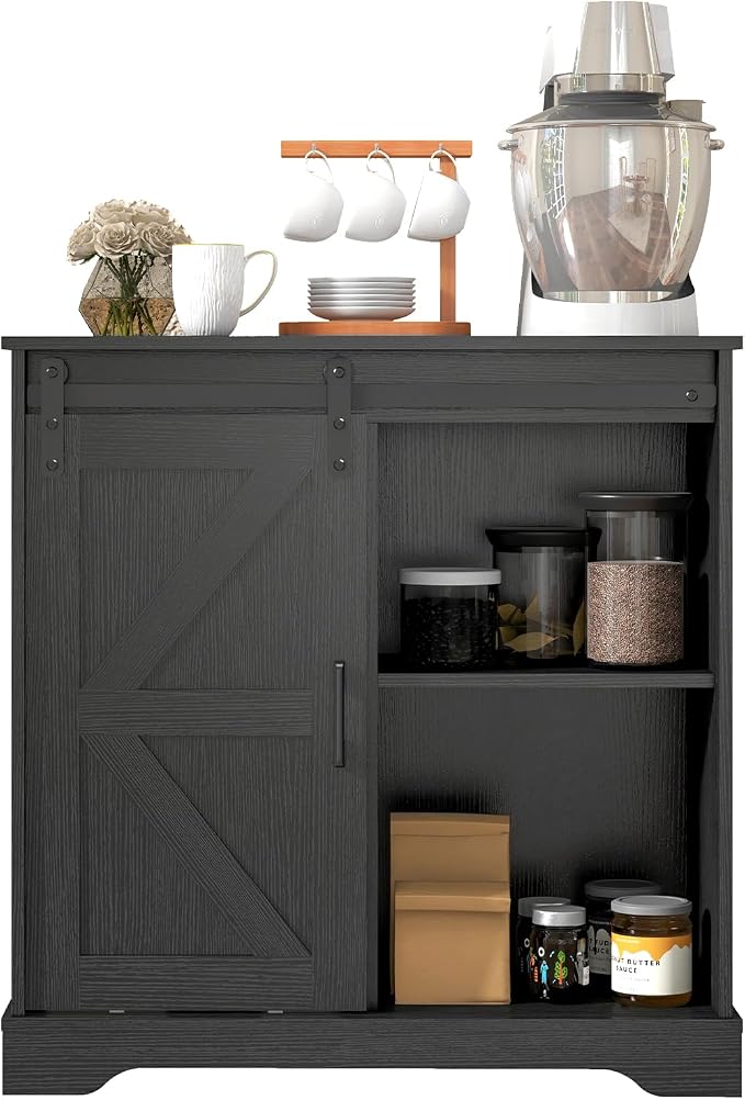 Panana Sliding Barn Door Buffet Sideboard Storage Cabinet Coffee Bar Kitchen Farmhouse Style (Black)