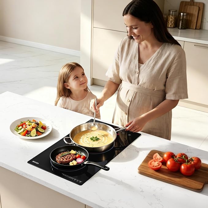 VEVOR Electric Cooktop 12inch 2 Burners Stove Top 3000W 220V No Plug, Ceramic Built-in Radiant Electric Stove, with 9 Power Levels, Timer, Child Lock, Over-Heat Guard, Touch Control