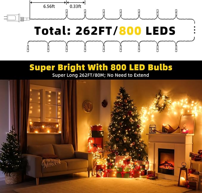 262FT 800 LED Christmas String Lights, Christmas Lights | Plug 8 Modes Memory Function with Timer, UL Certified Outdoor Indoor Fairy Light Christma s Tree, Patio, Party (Warm White)