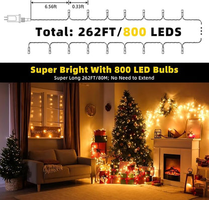 262FT 800 LED Christmas String Lights, Christmas Lights | Plug 8 Modes Memory Function with Timer, UL Certified Outdoor Indoor Fairy Light Christma s Tree, Patio, Party (Warm White)
