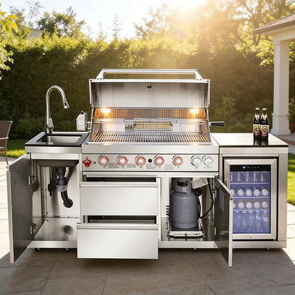 82" Modular Outdoor Kitchen Island with Grill, 6-Burner 83,500 BTU Propane BBQ Island, 304 Stainless Steel, Refrigerator, Sink & Rotisserie, for Backyard and Patio Cooking, Silver