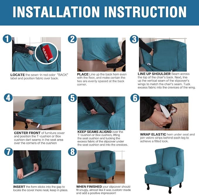 H.VERSAILTEX Wingback Chair Covers Velvet Plush Wing Chair Slipcover 1 Piece High Stretch Wing Back Chair Slipcovers Sofa Cover Furniture Cover with Elastic Bottom, Peacock Blue