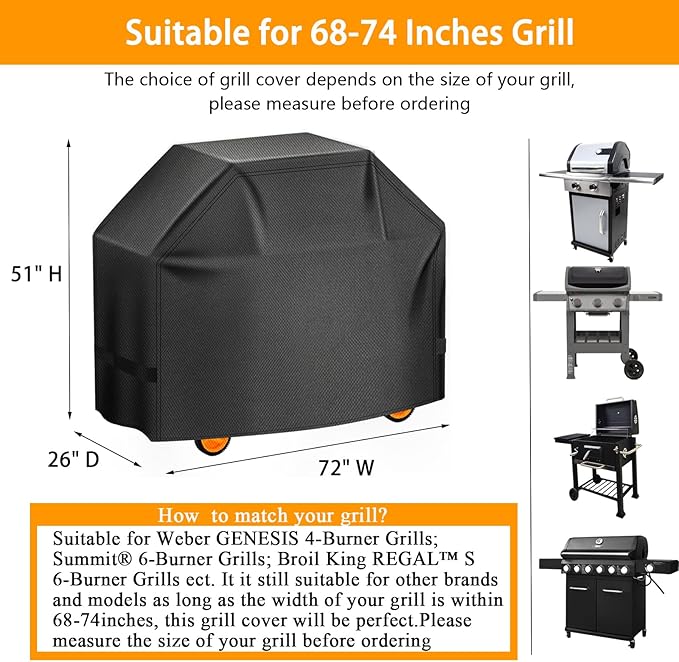 Aoretic Grill Cover, 72 inches 600D Heavy Duty BBQ Gas Grill Cover, Waterproof,Anti-UV Material for Weber Char-Broil Monument, Brinkmann Dyna-glo Nexgrill Megamaster MASTERCOOK (SKZ)