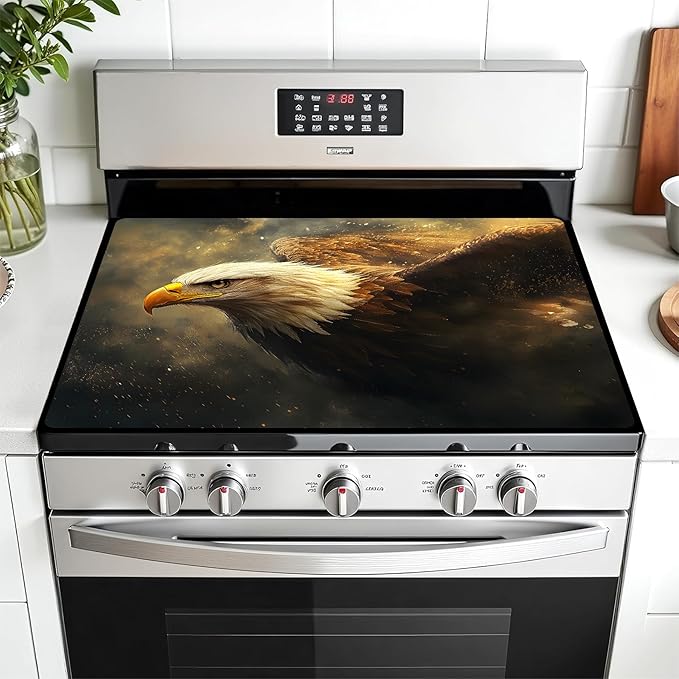 Multi-Design Stove Cover for Glass/Electric Stoves - 3-in-1 Heat-Resistant Protector Mat, Non-Slip Drying Rack 28"x20" (Eagle)
