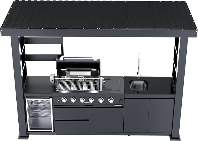 110-Inch 4-Burner 72000 BTU Stainless Steel Propane Gas Grill Outdoor Kitchen Island with Canopy,485Sq.In Cooking Area,Wine Cooler,Refrigerator,Rotisserie,For Backyard BBQ,Black