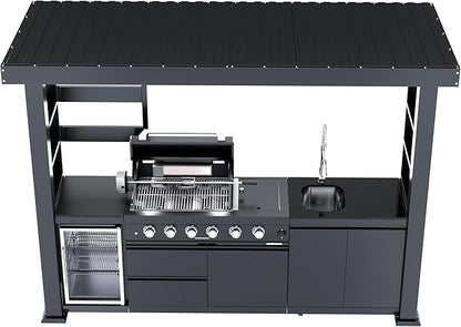 110-Inch 4-Burner 72000 BTU Stainless Steel Propane Gas Grill Outdoor Kitchen Island with Canopy,485Sq.In Cooking Area,Wine Cooler,Refrigerator,Rotisserie,For Backyard BBQ,Black
