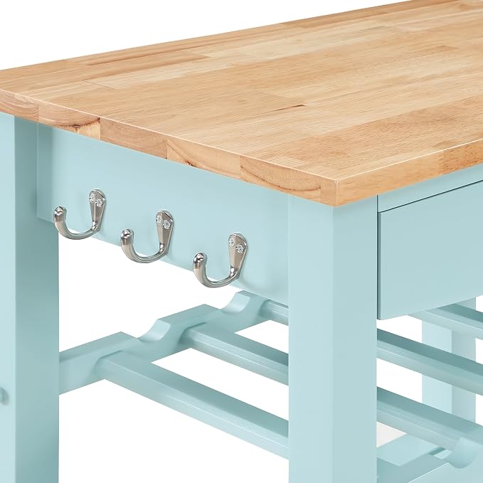 Convenience Concepts Ellaine Butcher Block Kitchen Cart 24.75" - 4 Tier Kitchen Island with Storage Drawer, Dining Room Wine Rack on Wheels, Coffee Station Table, Mobile Utility Trolley, Sea Foam