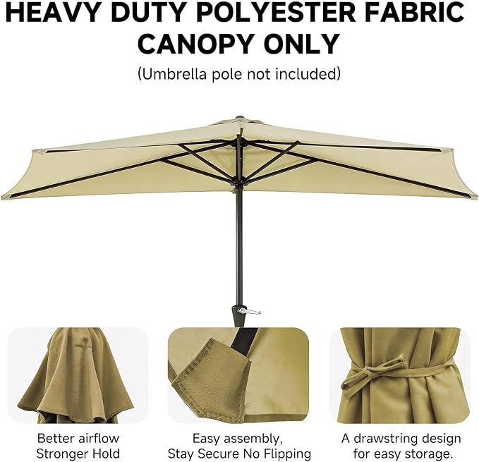 9FT 5Ribs Patio Half Umbrella Replacement Canopy Cover, Half Outdoor Umbrella Replacement Cloth, Market Yard Umbrellas Top Cover, Waterproof & UV-Protective (Only Canopy, Frame Not Included)