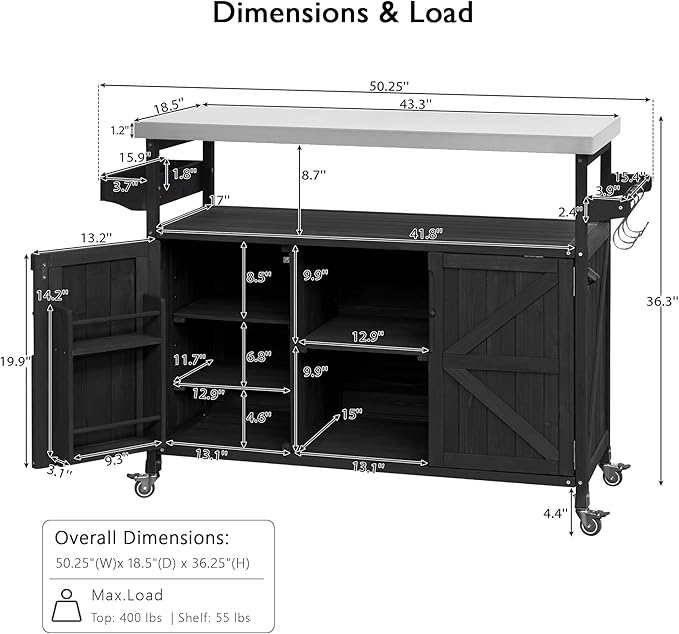 50.25" W Black Grill Cart with Stainless Steel Tabletop - Outdoor Storage Cabinet for BBQ, Bar Patio Kitchen Island with Ample Storage and Lockable Wheels