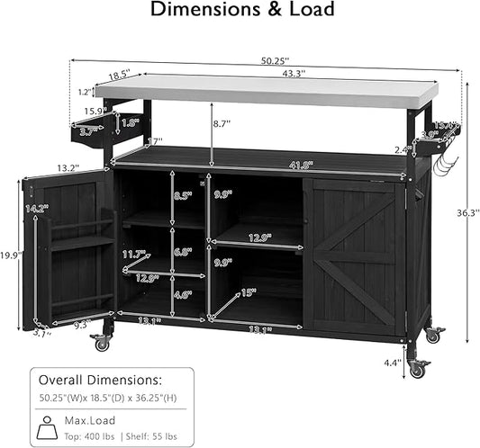 50.25" W Black Grill Cart with Stainless Steel Tabletop - Outdoor Storage Cabinet for BBQ, Bar Patio Kitchen Island with Ample Storage and Lockable Wheels