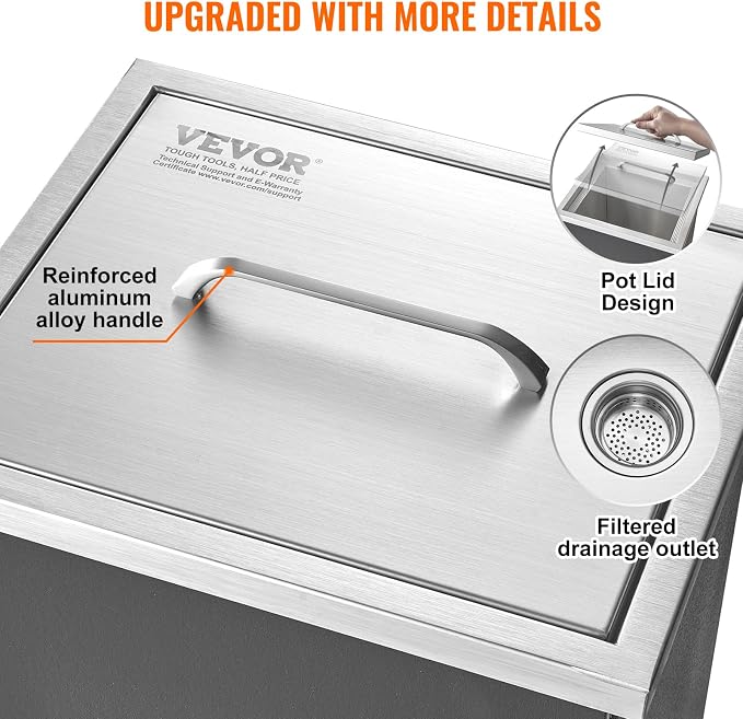 VEVOR Drop in Ice Chest, 14" L x 12" W x 18" H Stainless Steel Ice Cooler, Commercial Ice Bin with Cover, 40 qt Outdoor Kitchen Ice Bar, Drain-Pipe and Drain Plug Included, for Cold Wine Beer