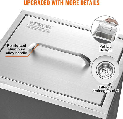 VEVOR Drop in Ice Chest, 14" L x 12" W x 18" H Stainless Steel Ice Cooler, Commercial Ice Bin with Cover, 40 qt Outdoor Kitchen Ice Bar, Drain-Pipe and Drain Plug Included, for Cold Wine Beer