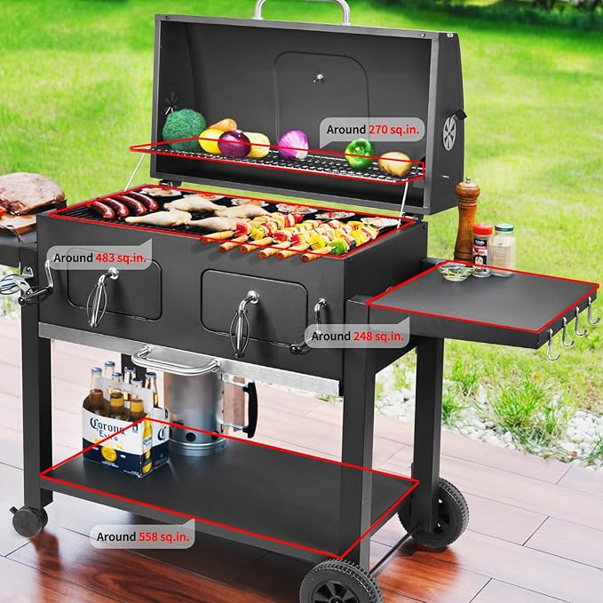 Charcoal Grill Outdoor BBQ Grill, Extra Large Cooking Area 753 Square Inches with Two Individual & Adjustable Charcoal Tray, Foldable Side Tables for Outdoor Cooking Backyard Camping Picnics By DNKMOR
