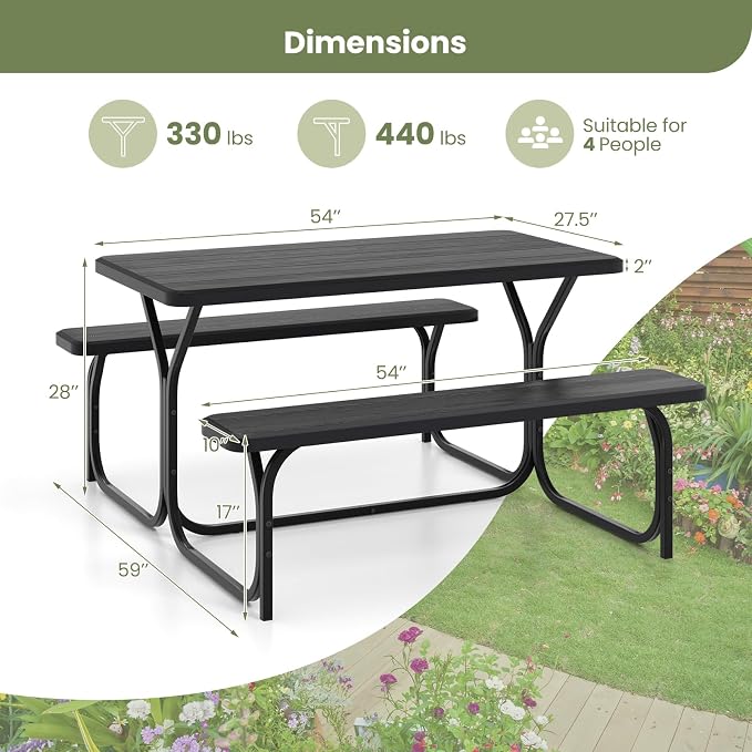 Picnic Table, Outdoor Dining Table with 2 Benches, Wood Grain Tabletop, Heavy Duty Metal Frame, Portable Picnic Table for Outdoors Backyard Garden Lawn Patio Poolside Deck (Black)