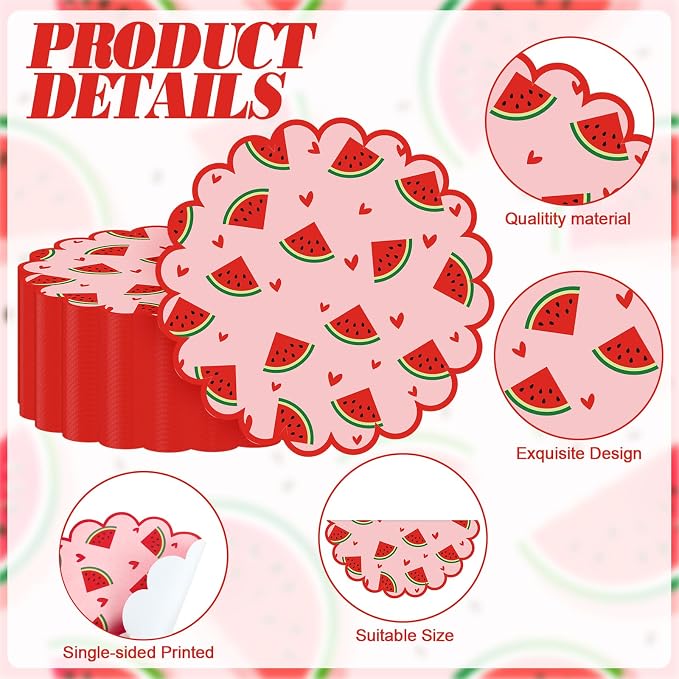 100 Pcs Watermelon Paper Placemats Orange Fruit Place Mats 13.5 Inch Disposable Round Decorative Dining Table Mat with Scalloped Edge for Summer Picnic BBQ Birthday Bridal Wedding Party Supplies