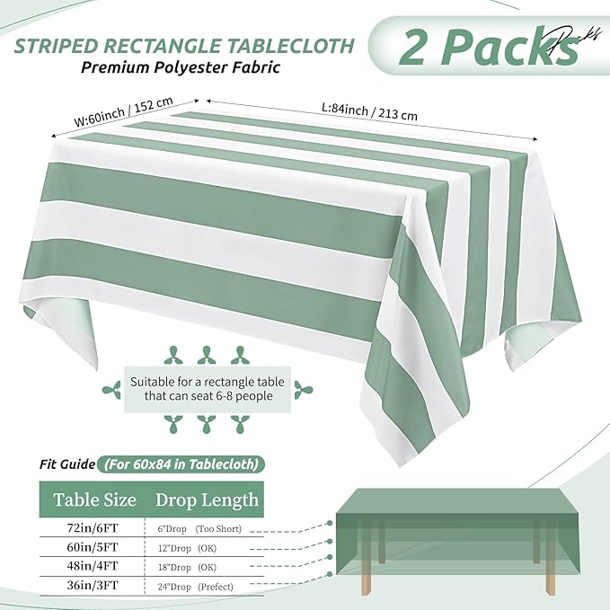 2 Pack Green and White Striped Tablecloth Rectangle 60x84inch Polyester Fabric Washable Table Cloth for Afternoon Tea Table Birthday Party Picnic Barbecue Gathering Indoor Outdoor Dining Table Decor