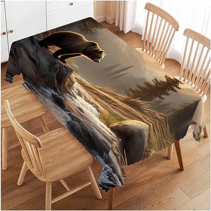 Swono Grizzly Bear Tablecloths Animal Bear Brook Canyon Forest Mountain Nature Kitchen Dinning Tabletop Decoration, Polyester Table Cover for Indoor Outdoor 50x72 Inch Tablecloth