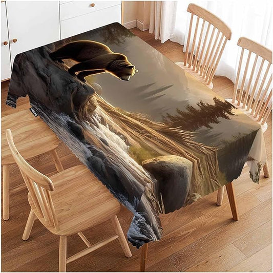 Swono Grizzly Bear Tablecloths Animal Bear Brook Canyon Forest Mountain Nature Kitchen Dinning Tabletop Decoration, Polyester Table Cover for Indoor Outdoor 50x72 Inch Tablecloth