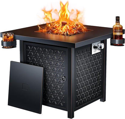 Ciays Propane Fire Pit, 28 inch Fire Pit Table with Two Cup Holders, 50,000 BTU Steel Gas Fire Pit with Pulse Ignition System, Perfect for Patio, Garden & Backyard Gatherings, CIFPT11B, Black