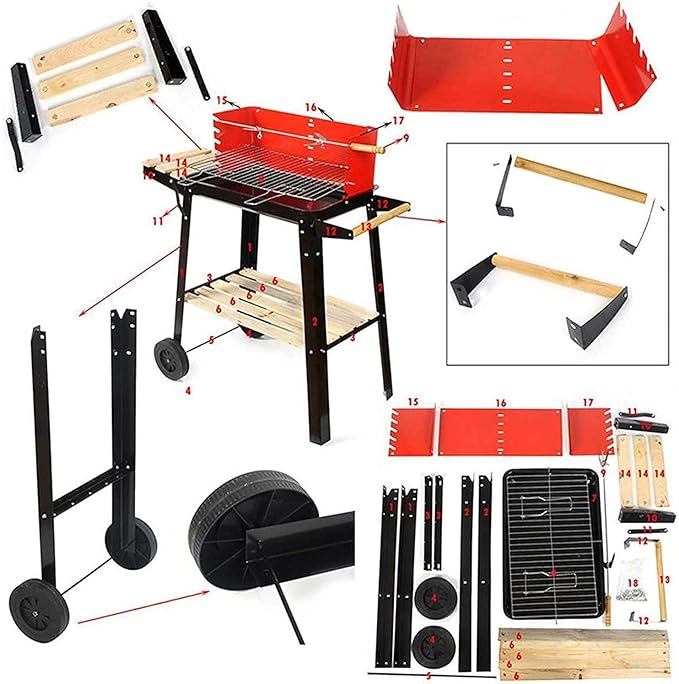 Portable Charcoal Grill for Camping BBQ, Outdoor Barbecue Grill with Steel Wood Construction, Folding Charcoal Grills with Plastic Wheels for Easy Moving,A-1
