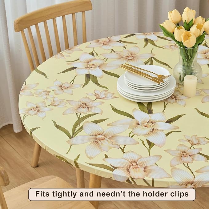 LIBERECOO Round Vinyl Fitted Tablecloth with Flannel Backing Elastic Edge Table Cover Waterproof Stain-Resistant Wipeable Tablecloths Fits 45-56 Inch Round Tables