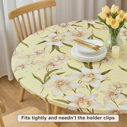 LIBERECOO Round Vinyl Fitted Tablecloth with Flannel Backing Elastic Edge Table Cover Waterproof Stain-Resistant Wipeable Tablecloths Fits 45-56 Inch Round Tables