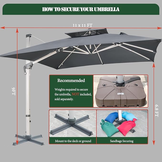 Cantilever Patio Umbrella with Cross Base and Cover Included - 360° Rotation Large Heavy Duty Offset Outdoor Umbrella with Easy Tilt for Pool Backyard Deck Garden (10x10 FT Grey)