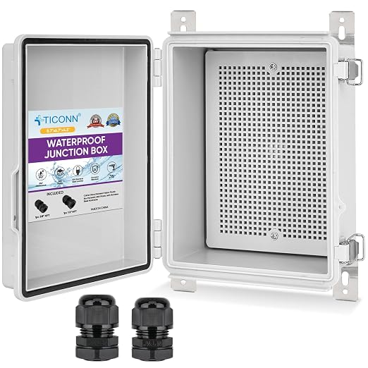 TICONN 2PK Outdoor Electrical Box Waterproof, Junction Box IP67 ABS Plastic Enclosure with Hinged Cover with Mounting Plate, Wall Brackets, Cable Glands (Off-White, 8.7"X6.7"X4.3")