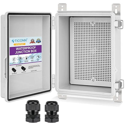 TICONN 2PK Outdoor Electrical Box Waterproof, Junction Box IP67 ABS Plastic Enclosure with Hinged Cover with Mounting Plate, Wall Brackets, Cable Glands (Off-White, 8.7"X6.7"X4.3")