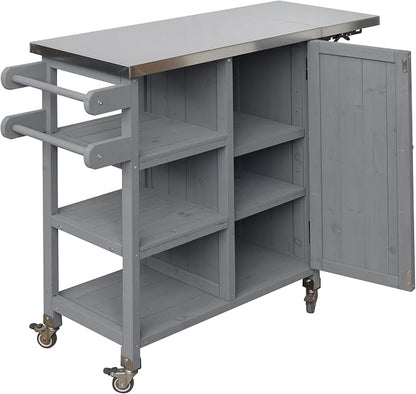 JIVOIT Outdoor Kitchen Island with Foldable Stainless Steel Tabletop, Patio Fir Wood Kitchen Cart Portable Prep Station with Lockable Wheels, Storage Cabinet and Towel Rack (Grey/123)