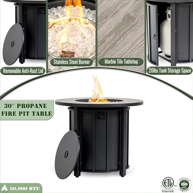 KEIKI 30 Inch Ceramic Top Propane Fire Pit Table, Round Outdoor Gas Fireplace, Steel Patio Heater for Backyard Garden