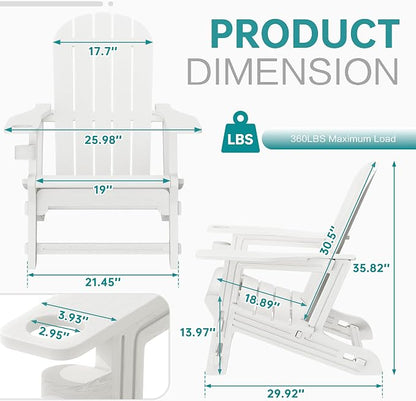 Shintenchi Adirondack Chairs Set of 2,HDPE Adirondack Chairs w/Removable Tablelop & Umbrella Hole,All-Weather Wooden Textured Plastic Outdoor Chairs w/Cup Holders for Garden Backyard Pool,White