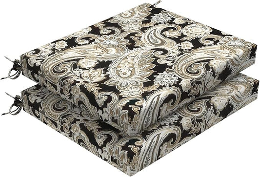 DYTXIII Set of 2 Outdoor Chair Cushions, Water Resistant 18.5"x16"x2" Square Seat Cushion for Patio Dining Chairs, High-Density Replacement Pads for Indoor Outdoor Furniture - Paisley Black