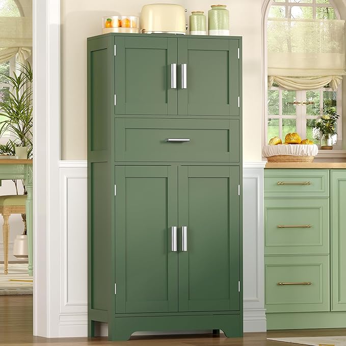 Bathroom Floor Storage Cabinet with Adjustable Shelf, Freestanding Storage Cabinet with 4 Doors, Cupboard for Living Room, Home Office, Entryway, Forest Green