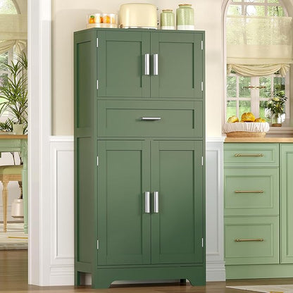 Bathroom Floor Storage Cabinet with Adjustable Shelf, Freestanding Storage Cabinet with 4 Doors, Cupboard for Living Room, Home Office, Entryway, Forest Green